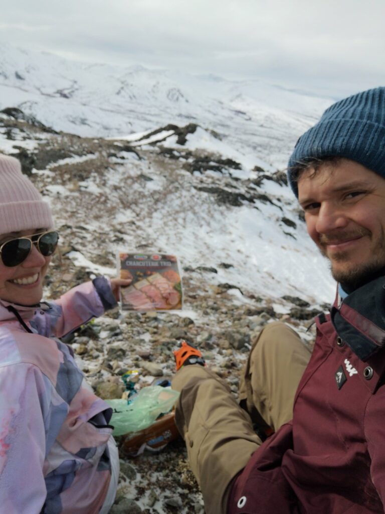 Whitehorse Yukon FishLake Bonneville Peak BonnevillePeak Hike Hiking Ceri Etienne Coat M&MC Lunch Food